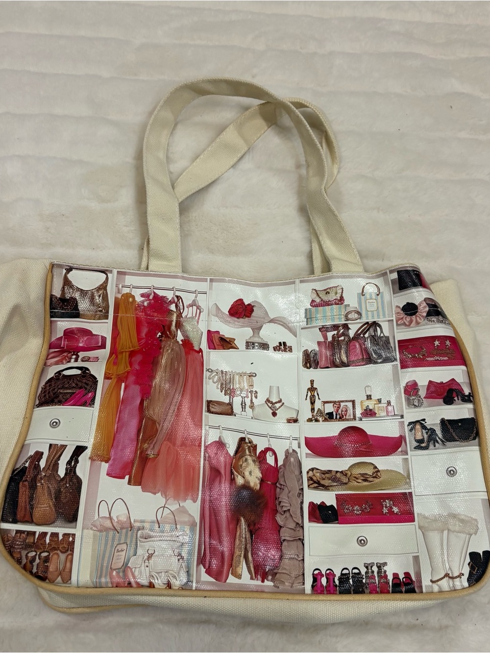 Barbie Cream Tote with Pink and Coral Fashion Print